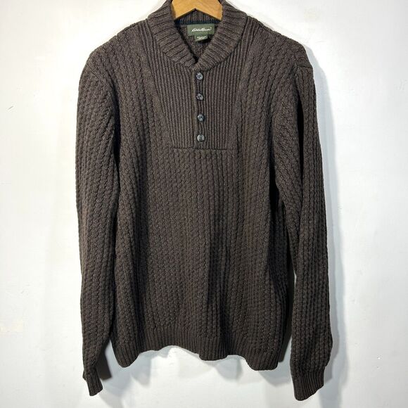 Vintage Eddie Bauer Mens L Cotton Knit Sweater 1/4 Button Brown Casual Henley - Picture 1 of 7
